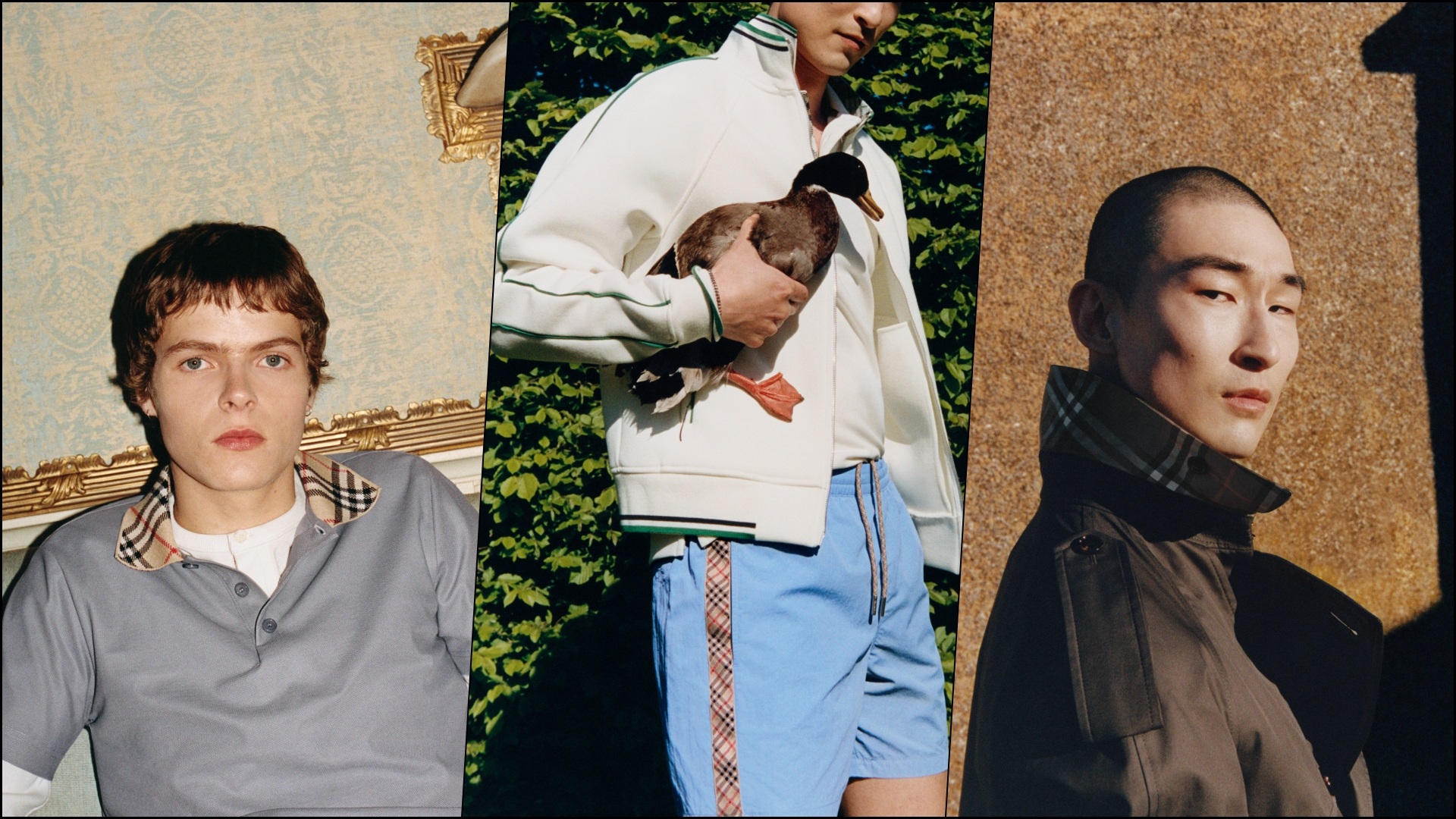 A collage of three images, with models sporting select pieces from Burberry's Autumn 2026 Collection, launched during the Burberry Countryside Campaign