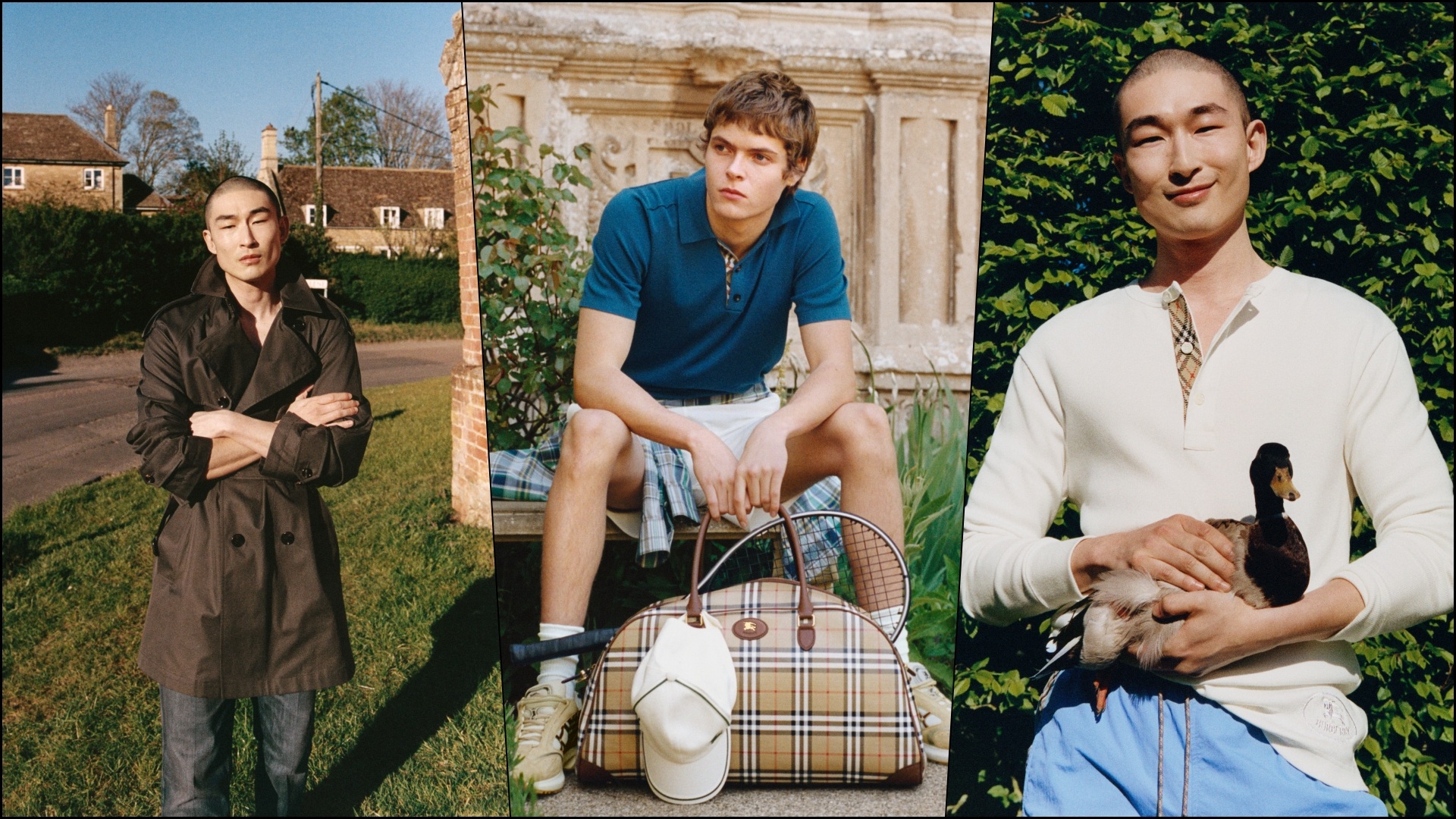 A collage of three images, with models sporting select pieces from Burberry's Autumn 2026 Collection, launched during the Burberry Countryside Campaign