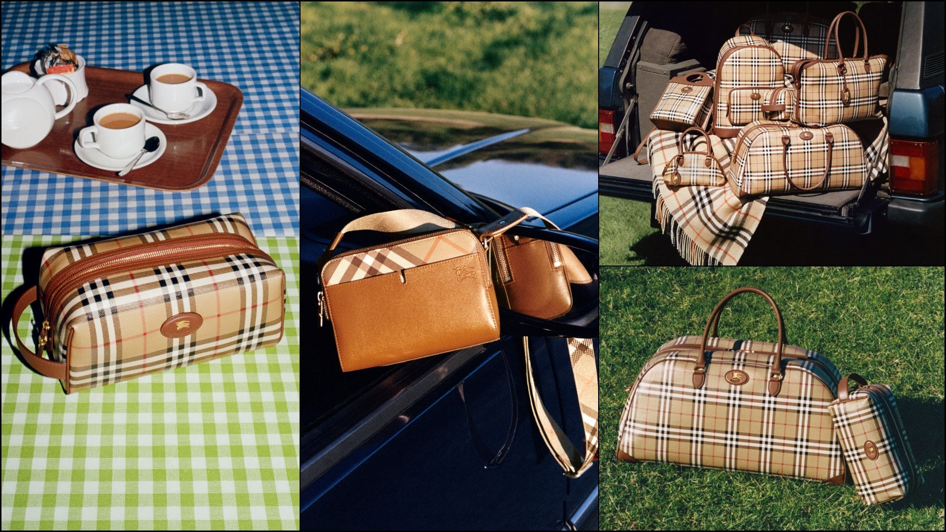 A collage of four images, showcasing select pieces from Burberry's Autumn 2026 Collection, launched during the Burberry Countryside Campaign