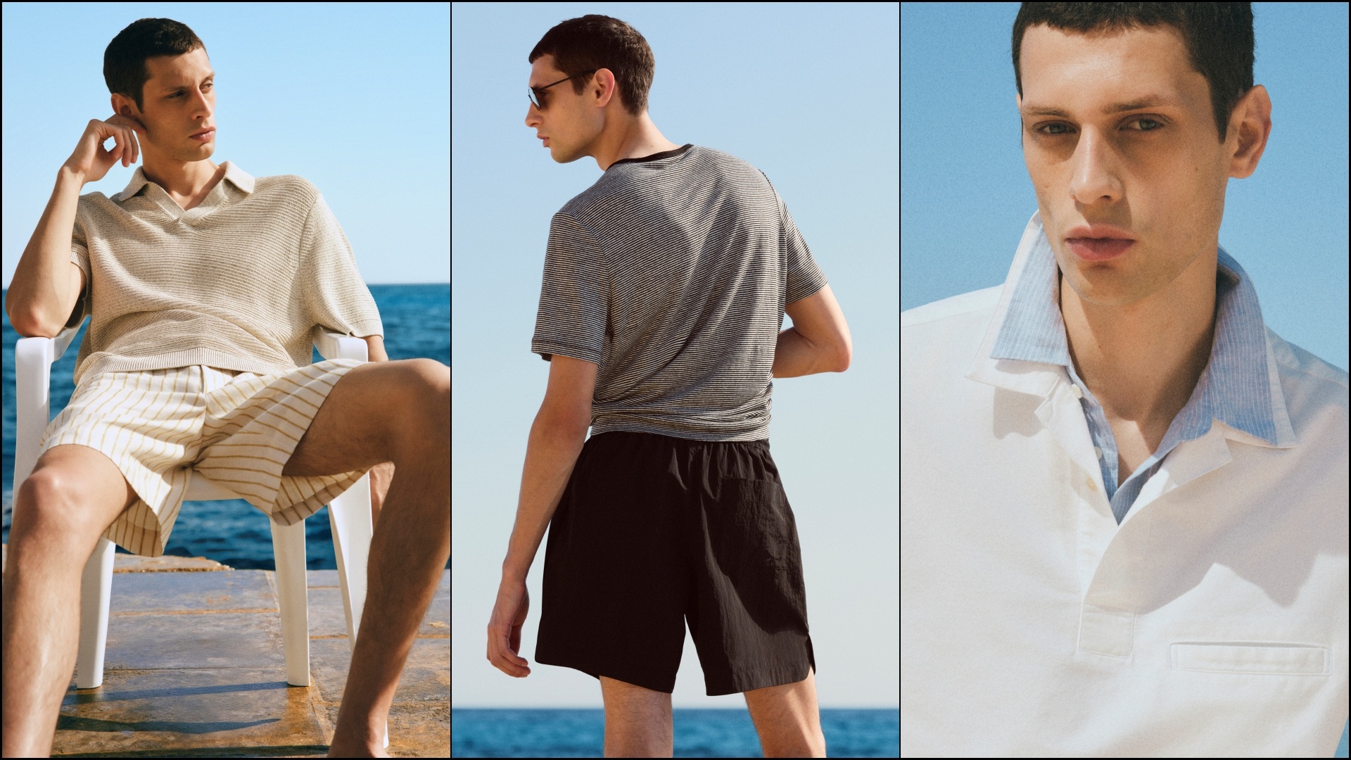 A collage of three images, with a model sporting select pieces from the COS Beach Wardrobe