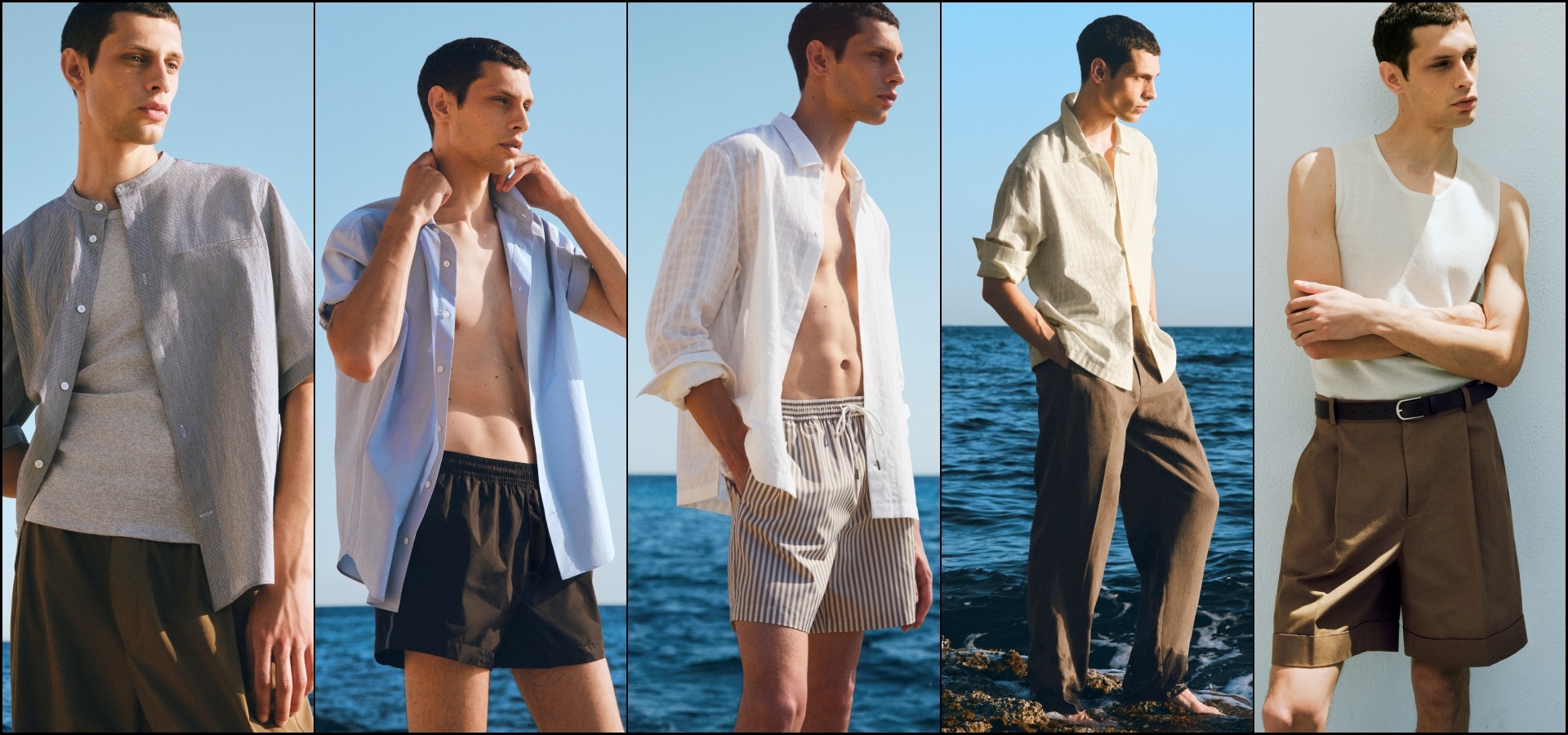 A collage of five images, with a model sporting select pieces from the COS Beach Wardrobe
