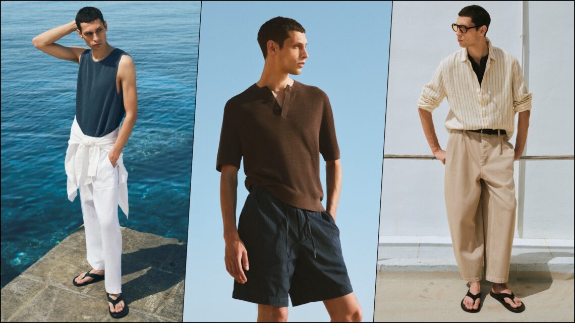 A collage of three images, with a model sporting select pieces from the COS Beach Wardrobe