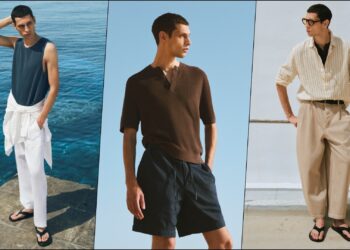 A collage of three images, with a model sporting select pieces from the COS Beach Wardrobe