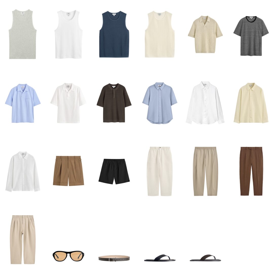 A collage of the product catalogue - COS Beach Wardrobe for men.