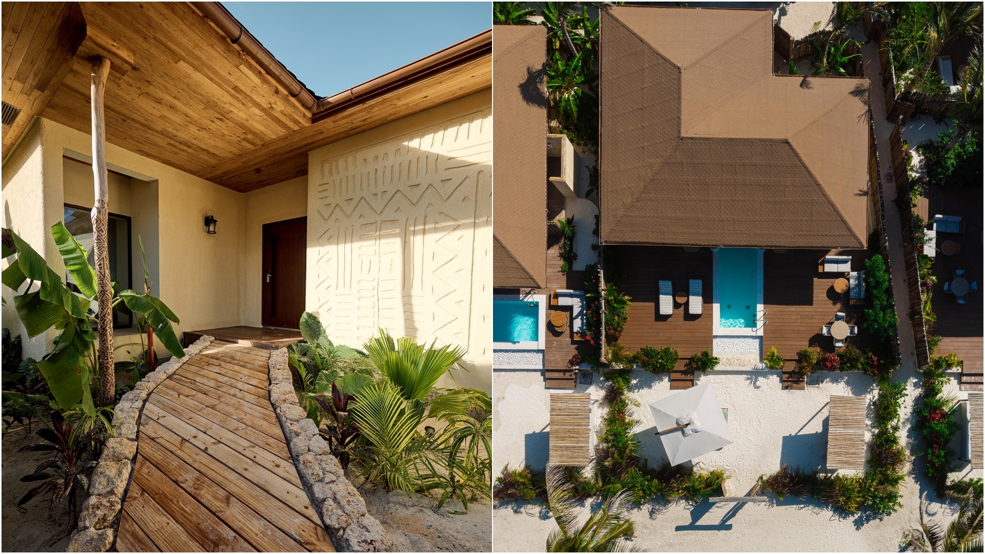 A collage of two image, with the left image showing the path to a villa's entrance, and the right one gives an aerial view of an entire villa