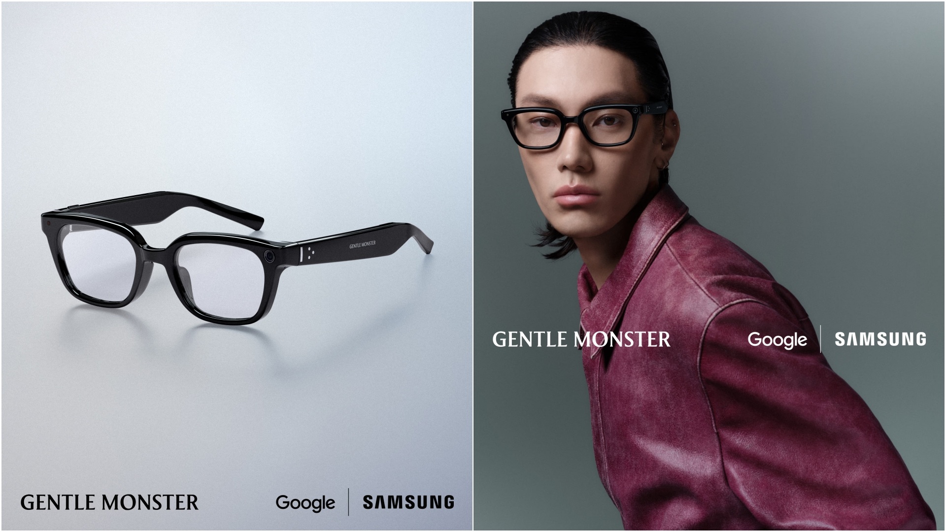 Gentle Monster Intelligent Eyewear - A collage with a model sporting a frame and the same frame on the left side