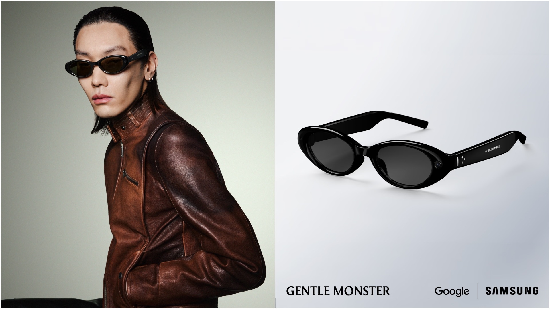 Gentle Monster Intelligent Eyewear - A collage with a model sporting a frame and the same frame on the right side