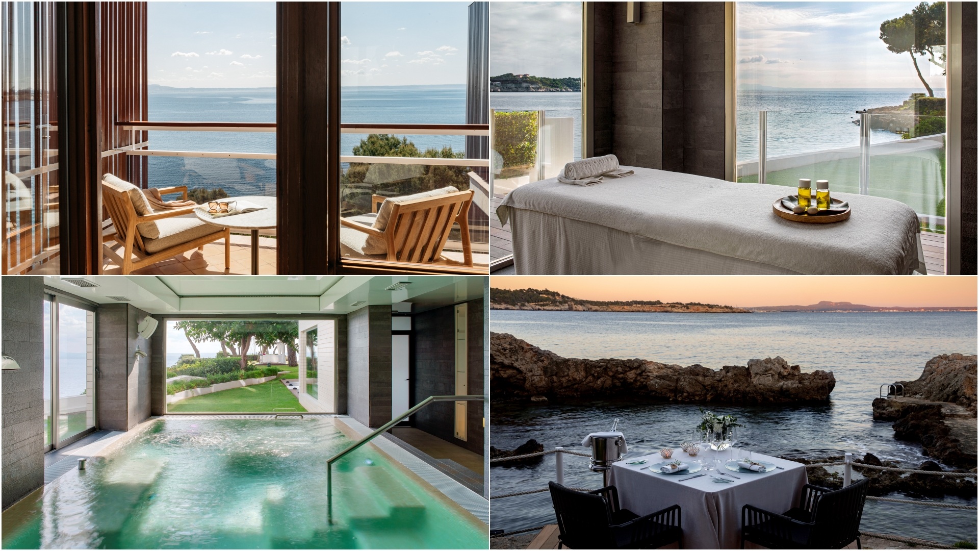 Gran Meliá Eclipse - A collage of images featuring outdoor dinner spots, the spa, and the Supreme Juinor Suite at Hotel de Mar