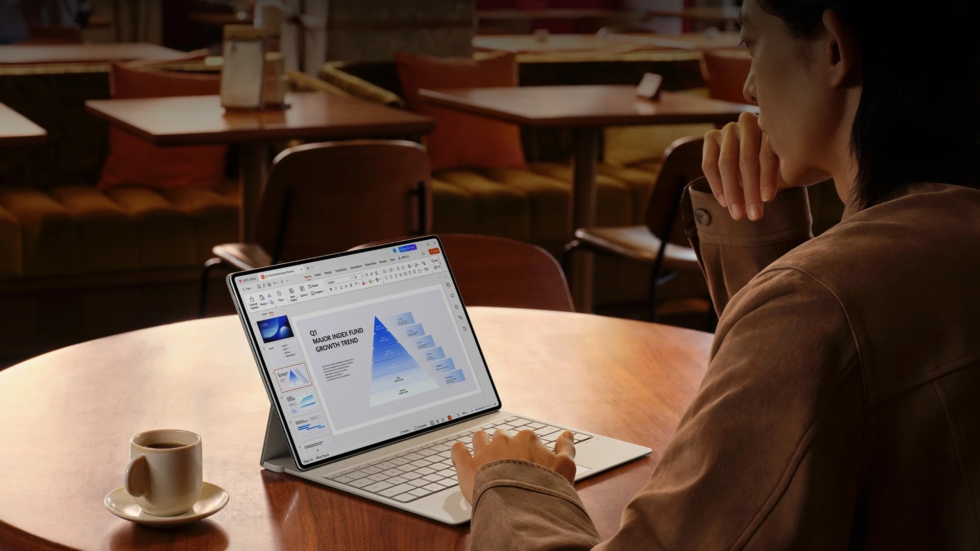 A HUAWEI MatePad Pro Max in use, kept on the table with a keyboard.