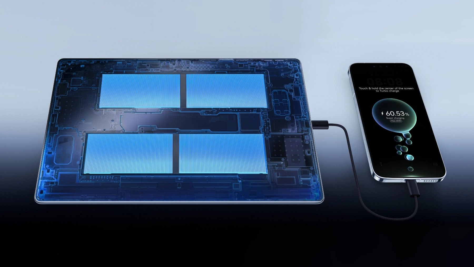 An image showing the X-rayed internals of the HUAWEI MatePad Pro Max, focusing on its large battery and how the tablet offers reverse charging