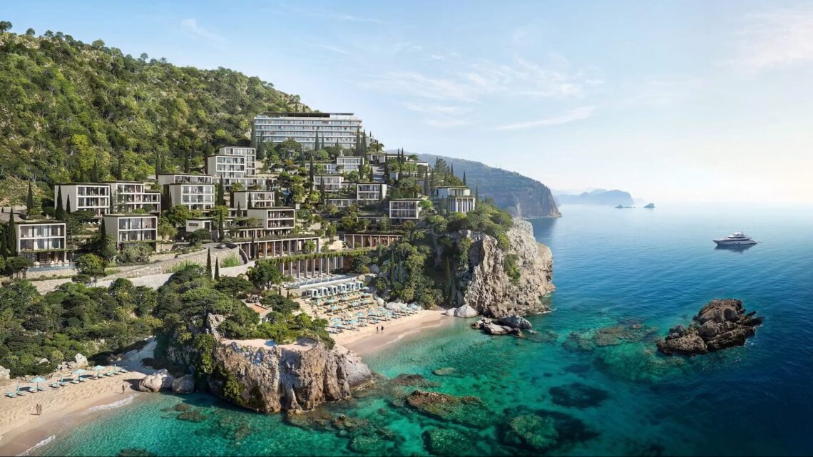 A wide shot of the entire Nammos Resort Montenegro property