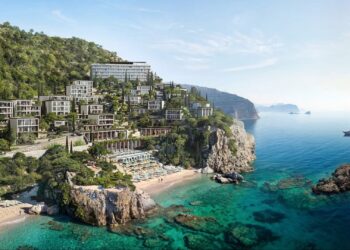A wide shot of the entire Nammos Resort Montenegro property