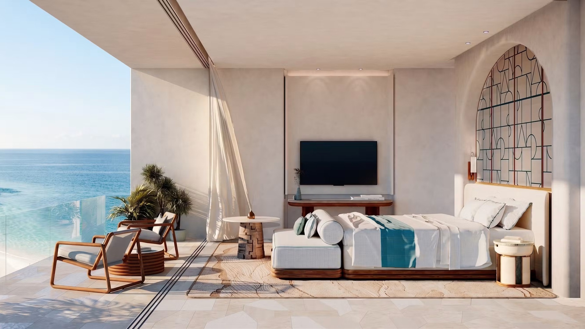 A render shot of the bedroom and the view from it at Nammos Resort Montenegro