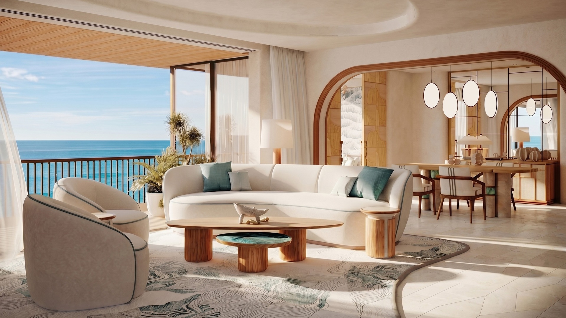 A render shot of the living room and the view from it at Nammos Resort Montenegro