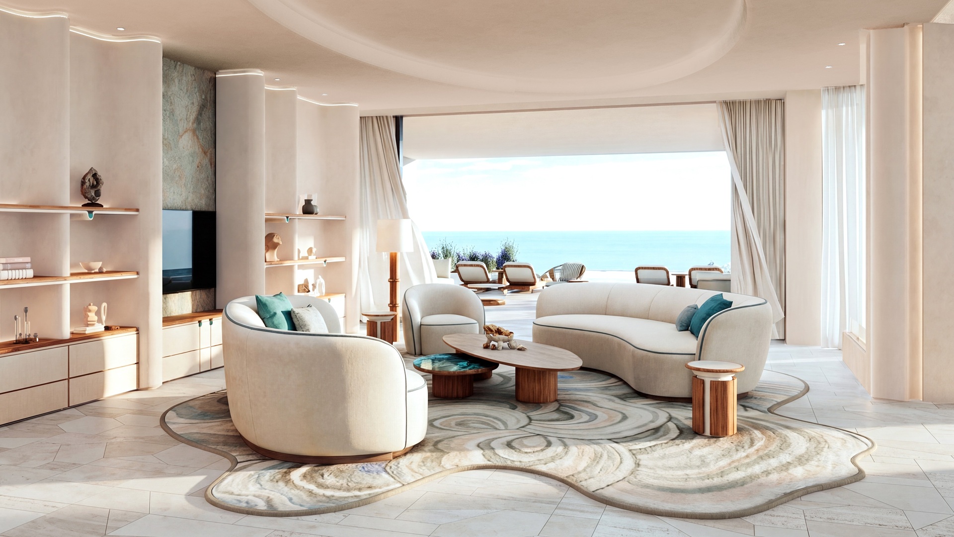 A render shot of the living room and the view from it at Nammos Resort Montenegro