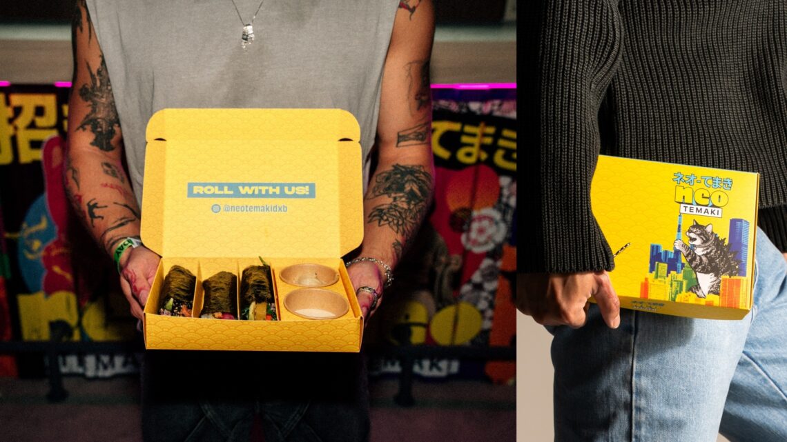 A collage of two images, showing the packaging available at Neo-Temaki Dubai, JW Marriott Marquis