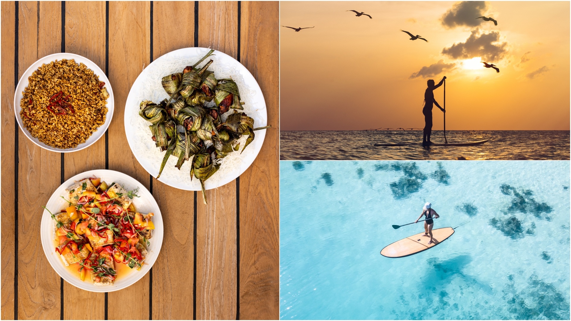A collage of activities available as part of the Raja Ampat itinerary, introduced by Prana by Atzaró