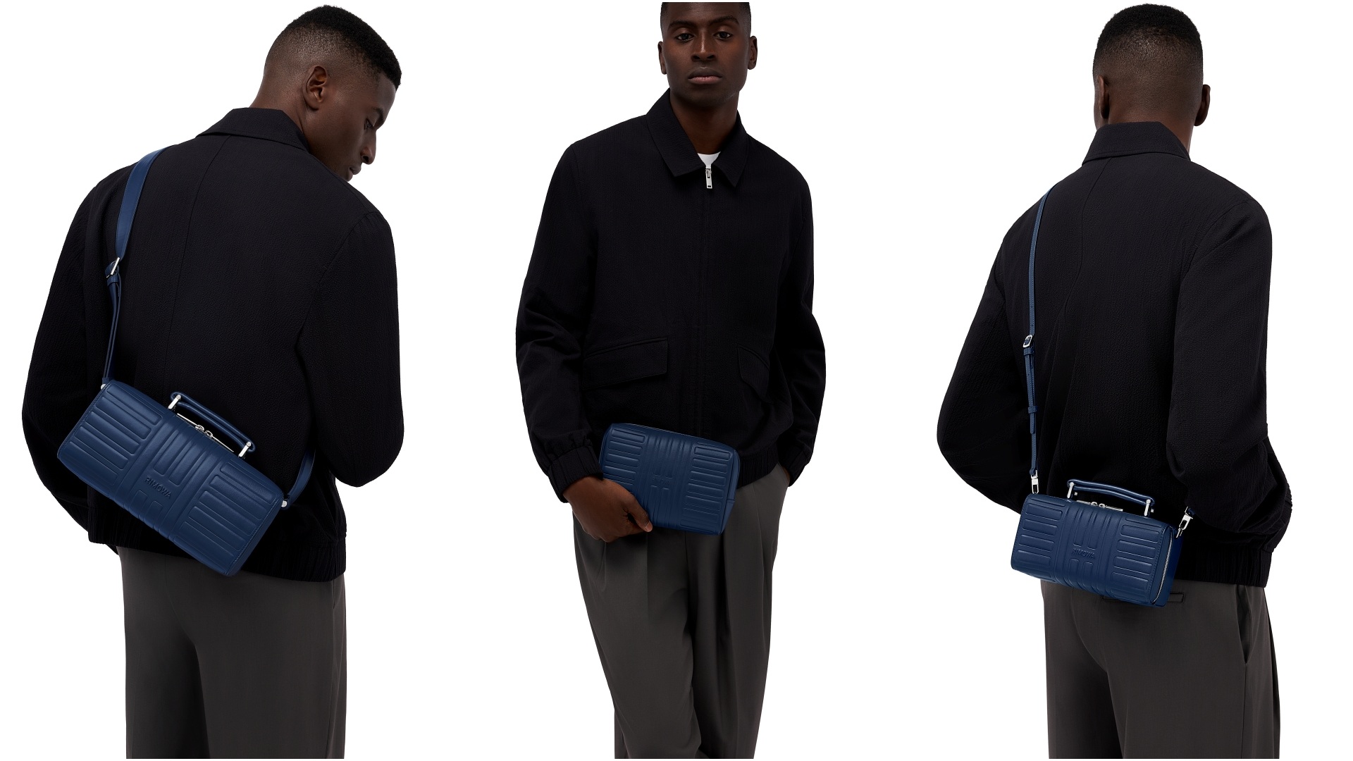 RIMOWA Original Ink Blue launched - the three-image collage shows a model sporting cross-body bags and the Groove zipped pouch