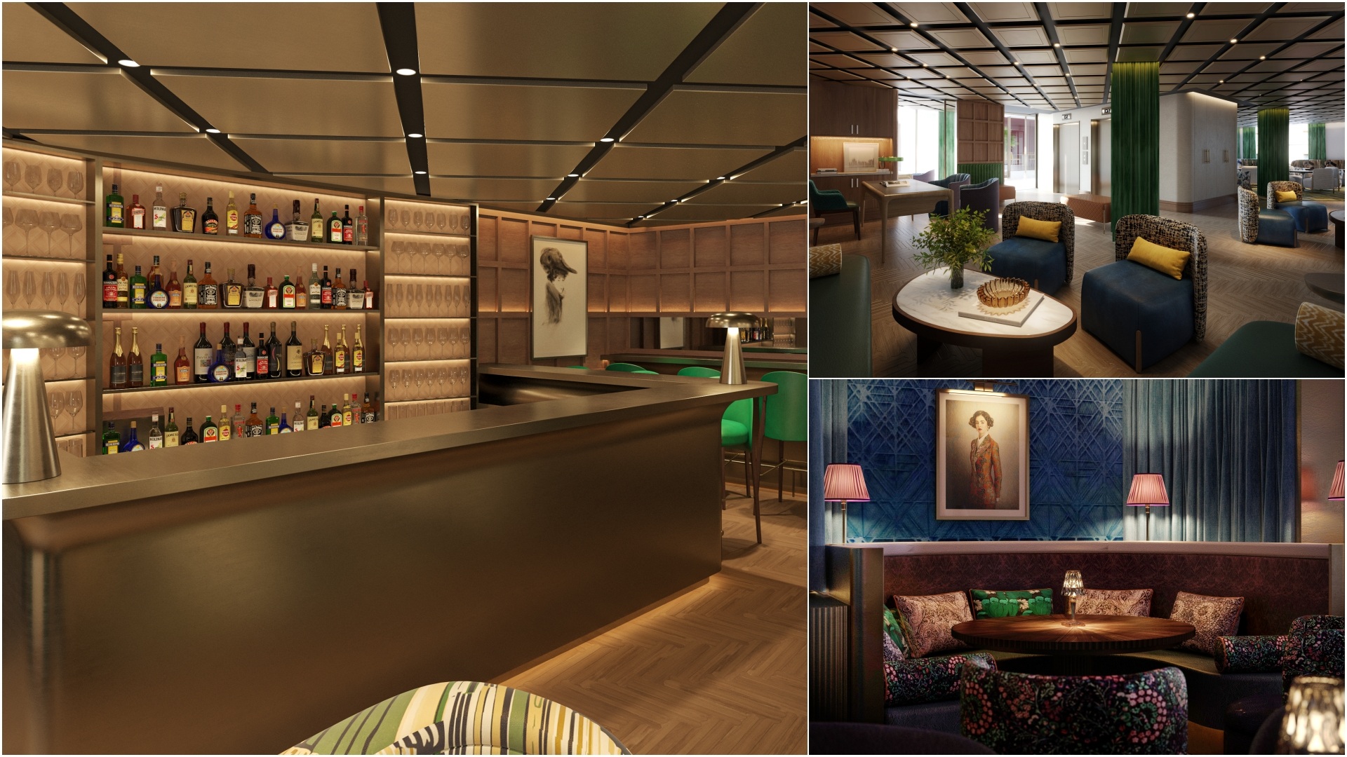 A collage of three images comprising the bar, the lobby, and teddys sitting area at The Shepherd Mayfair