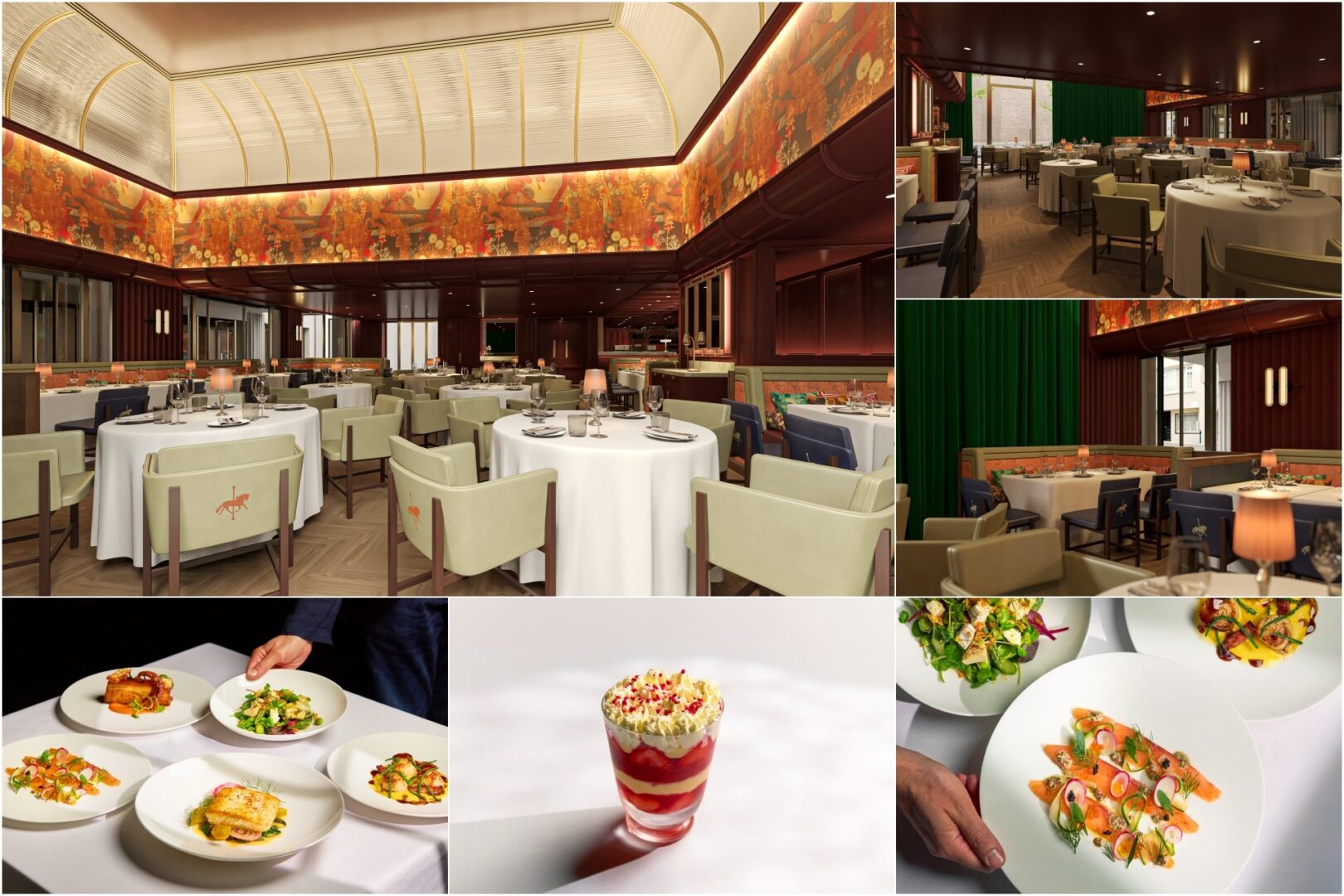 A collage of six images for the ambience and dishes at Fayre, The Shepherd Mayfair