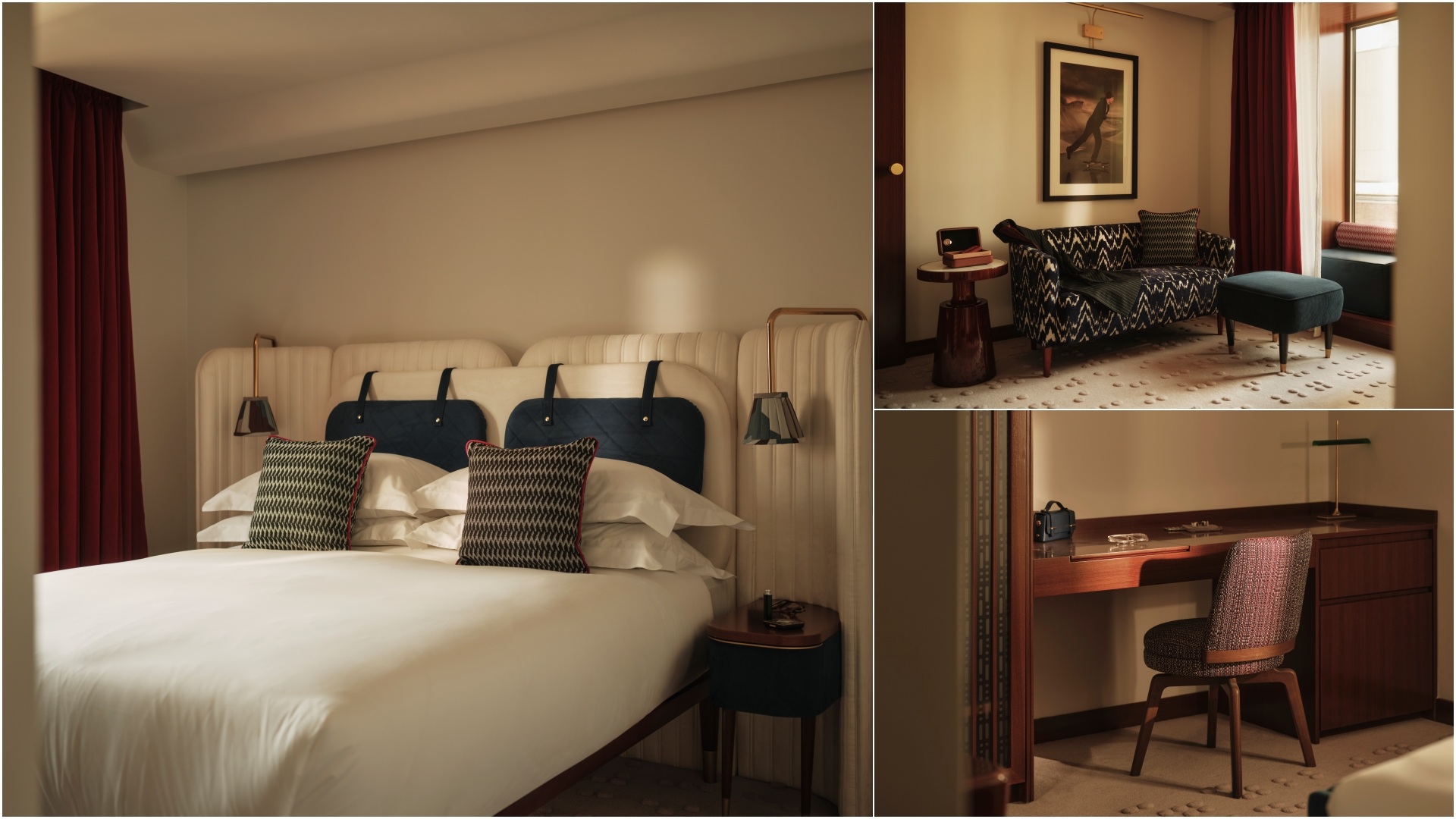 A collage of three images showcasing the rooms and suites at The Shepherd Mayfair