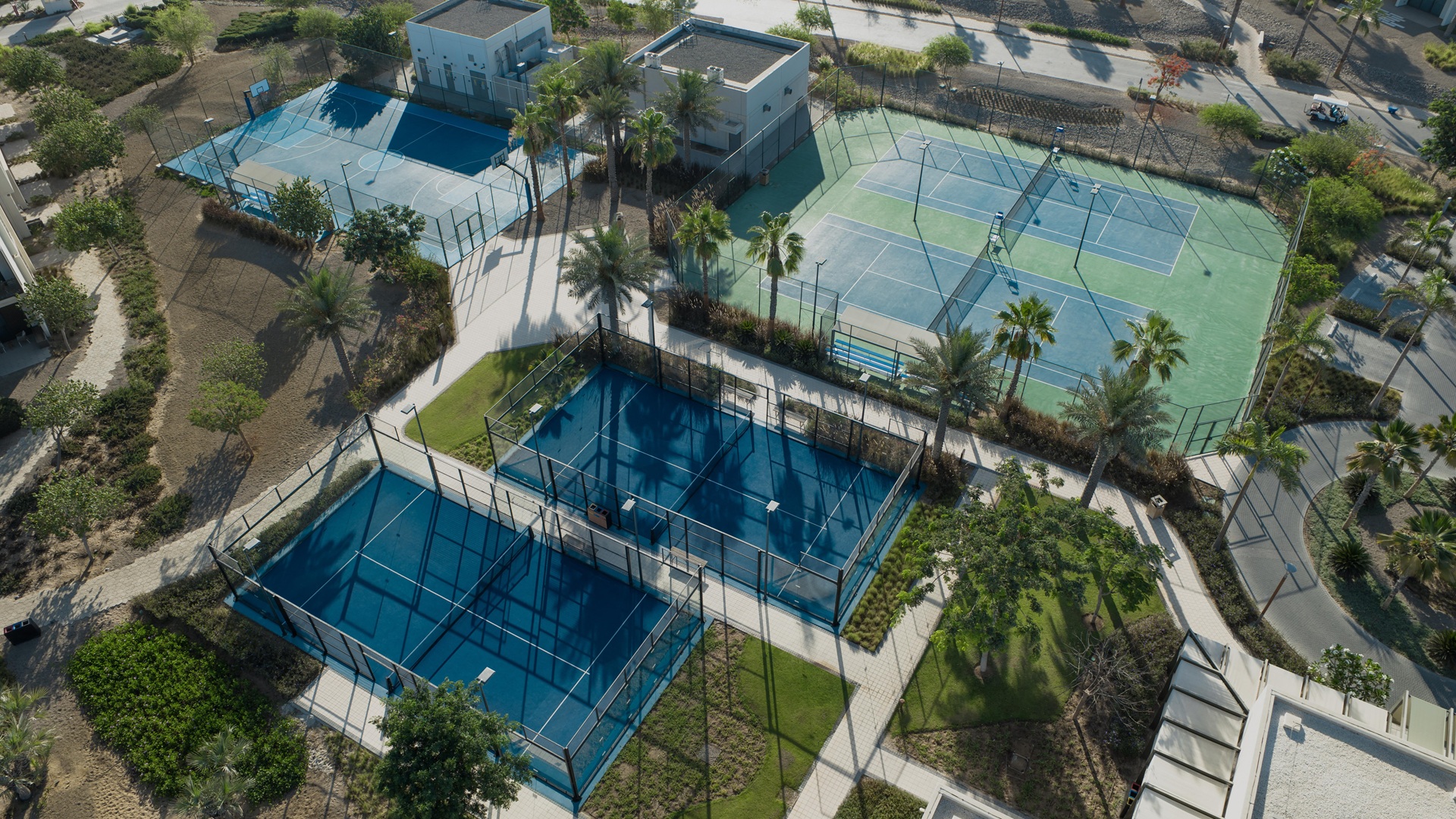 An aerial shot of the sports courts at Turtle Bay Resort, Saudi Arabia