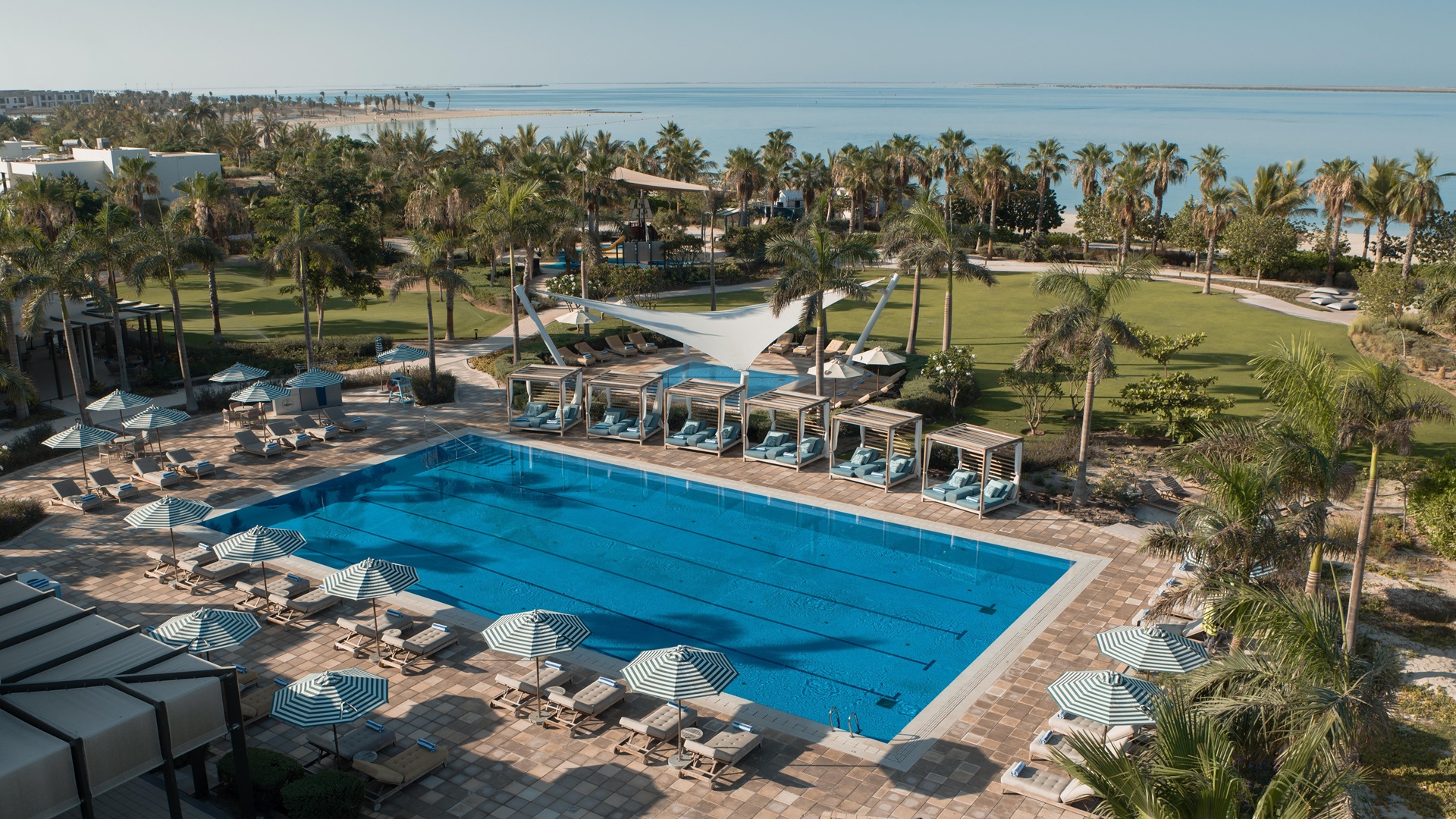 An aerial shot of the Beach Club Pool at Turtle Bay Resort, Saudi Arabia