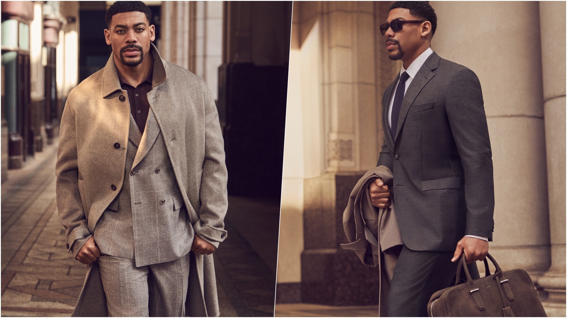 BOSS Fall/Winter 2026: A collage of two images, with Aaron Pierre wearing select pieces