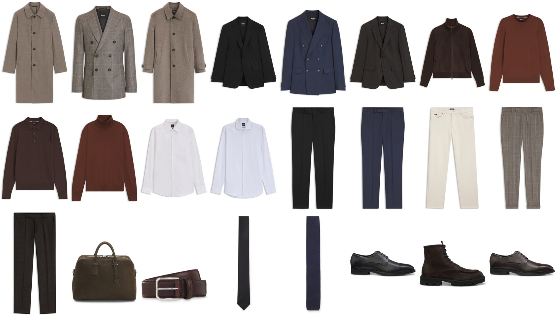 BOSS Fall/Winter 2026: A collage of the 24-piece product catalogue, including jackets, coats, footwear, accessories, trousers and shirts.