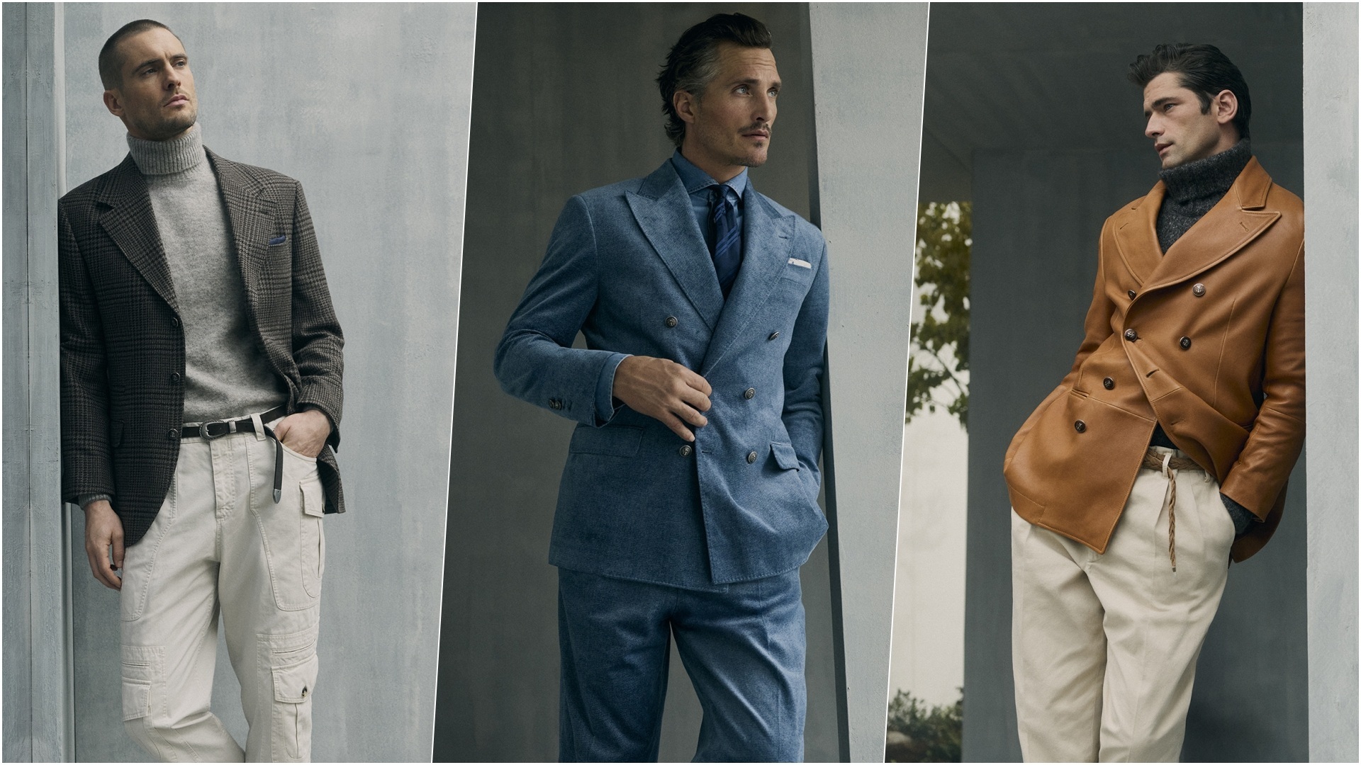 A collage of three images with models sporting select pieces from the Brunello Cucinelli FW26 collection