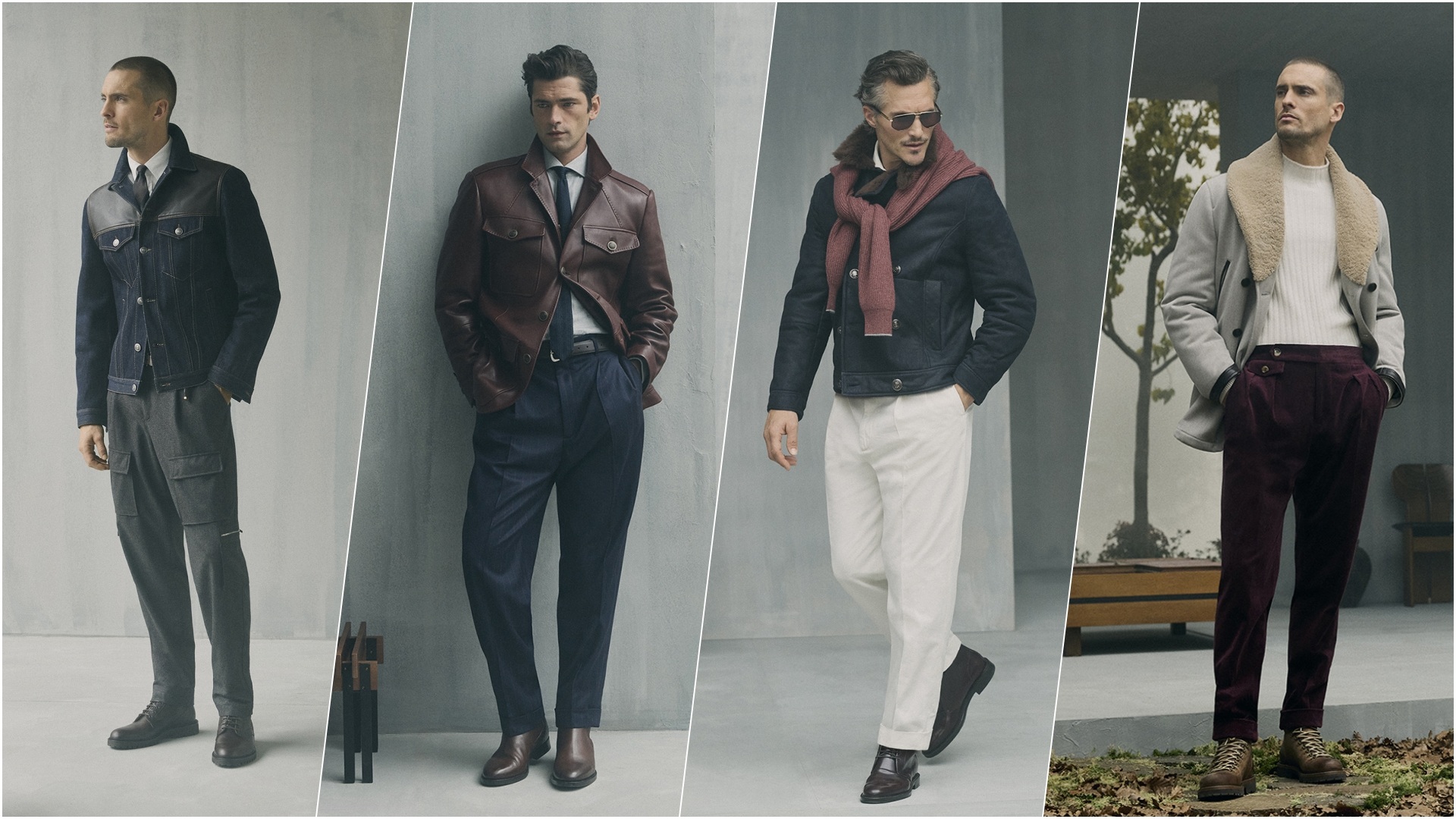 A collage of four images with models sporting select pieces from the Brunello Cucinelli FW26 collection