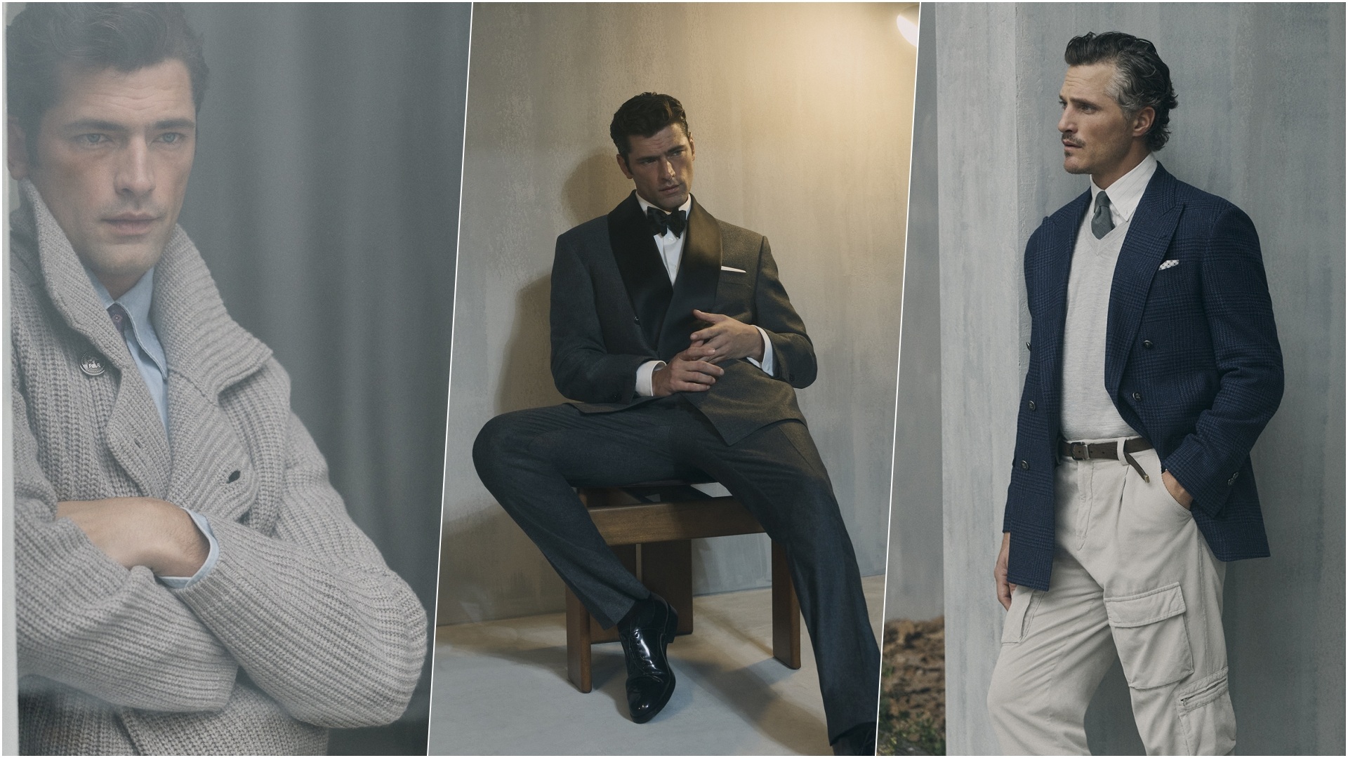 A collage of three images with models sporting select pieces from the Brunello Cucinelli FW26 collection