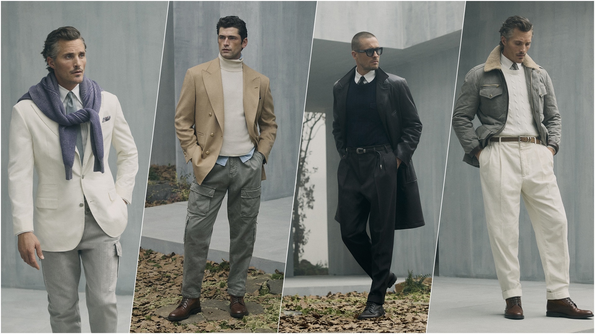 A collage of four images with models sporting select pieces from the Brunello Cucinelli FW26 collection