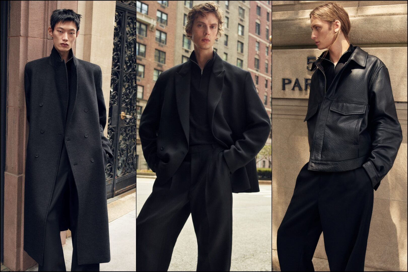 COS Autumn Winter Menswear 2026: A collage of three images with models sporting select pieces