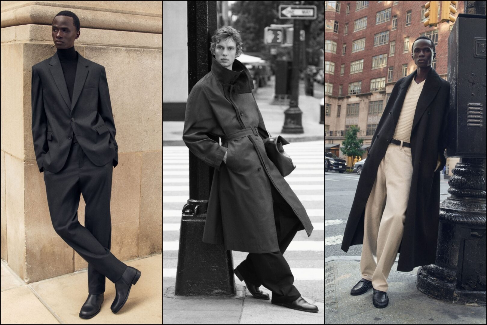 COS Autumn Winter Menswear 2026: A collage of three images with models sporting select pieces