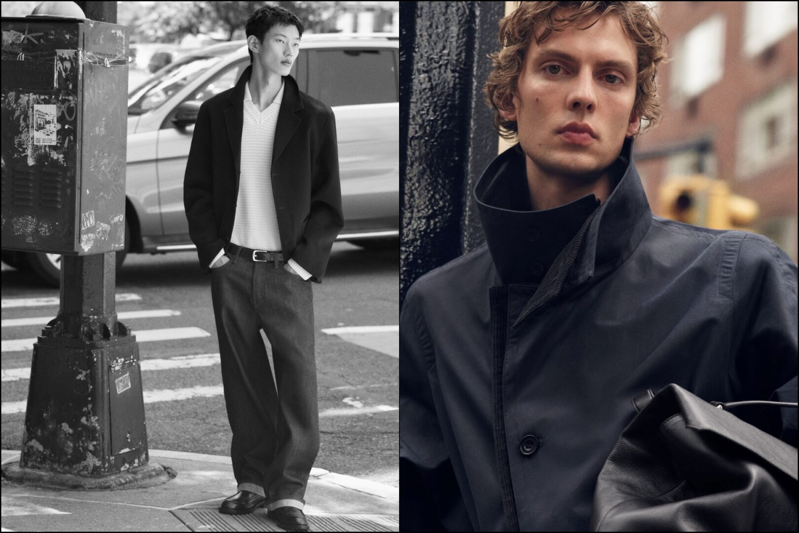 COS Autumn Winter Menswear 2026: A collage of two images with models sporting select pieces