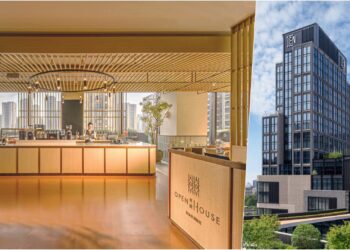 JEN Hangzhou by Shangri-La: A collage of two images with the a wide of the property's exterior, and the OpenHouse restaurant
