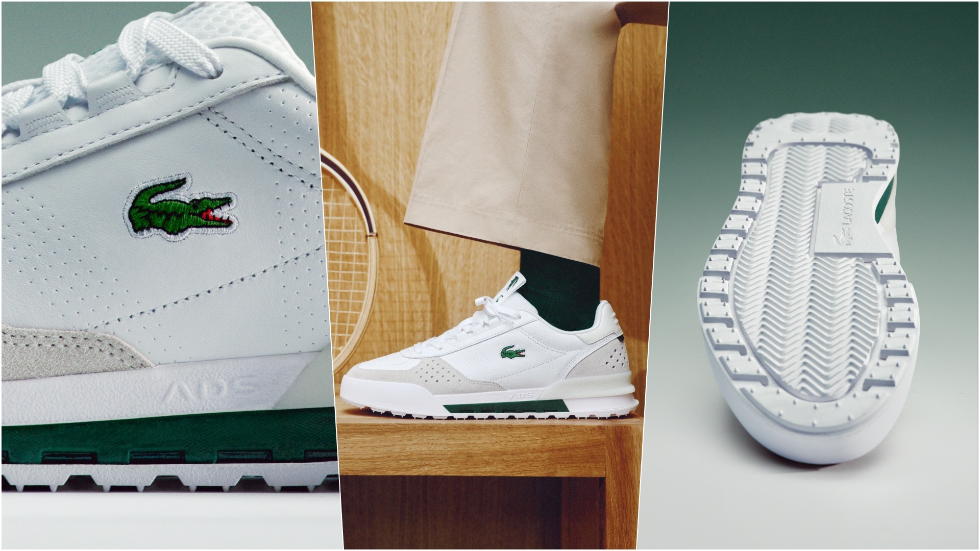 Lacoste Slam Break: A collage of three images, with two close-ups of different section of the sneaker and one with the model wearing it.