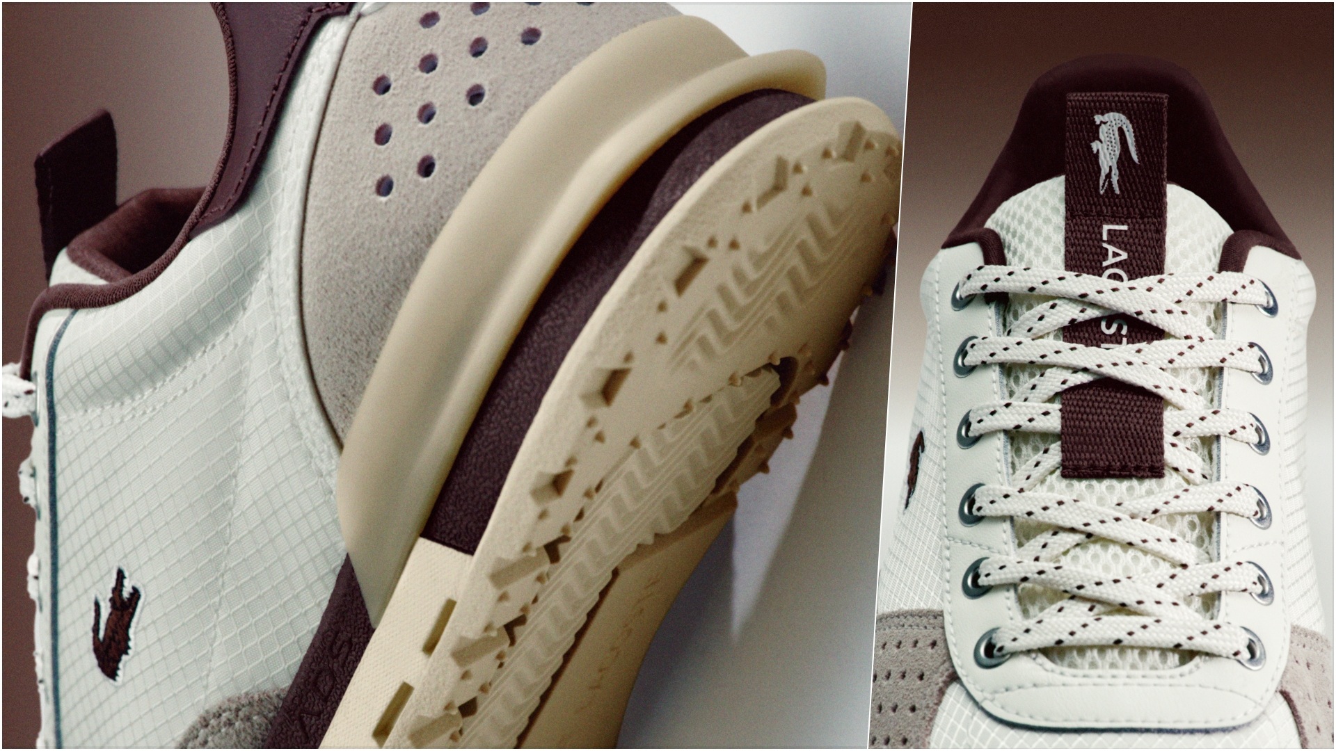 Lacoste Slam Break: A collage of two images, both close-ups of different sections of the same sneaker.