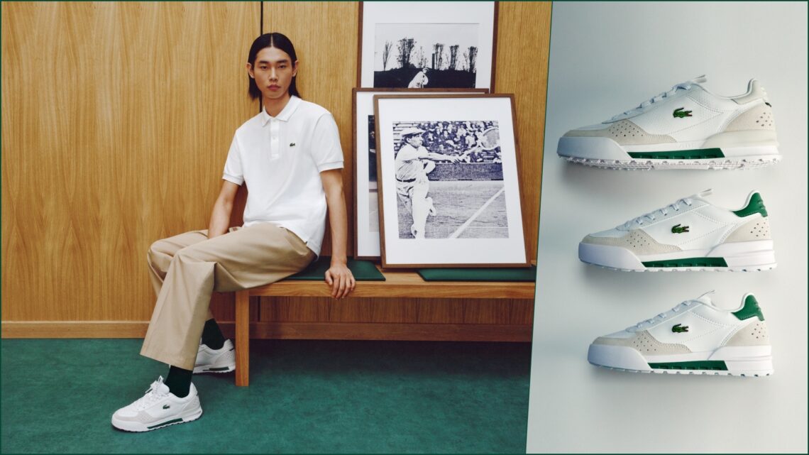 Lacoste Slam Break: A collage of two images, with the left featuring a model sporting one of the sneakers, and the right image with three different sizes of the same sneaker.
