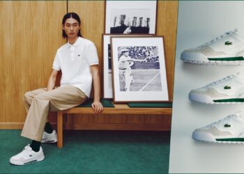 Lacoste Slam Break: A collage of two images, with the left featuring a model sporting one of the sneakers, and the right image with three different sizes of the same sneaker.