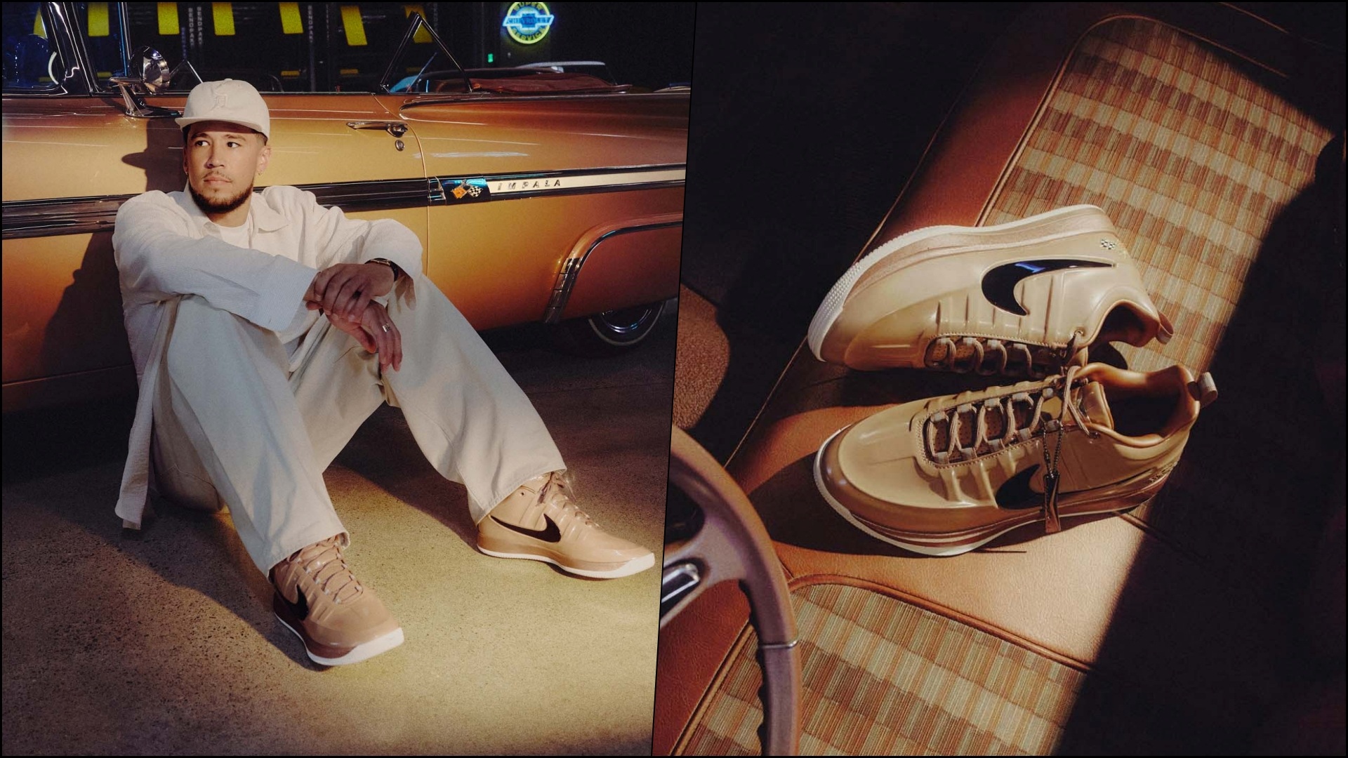 Nike Book 2: A collage of Devin Booker sitting on the floor while wearing the sneakers, and the sneakers kept on the seat of his classic Chevy Impala