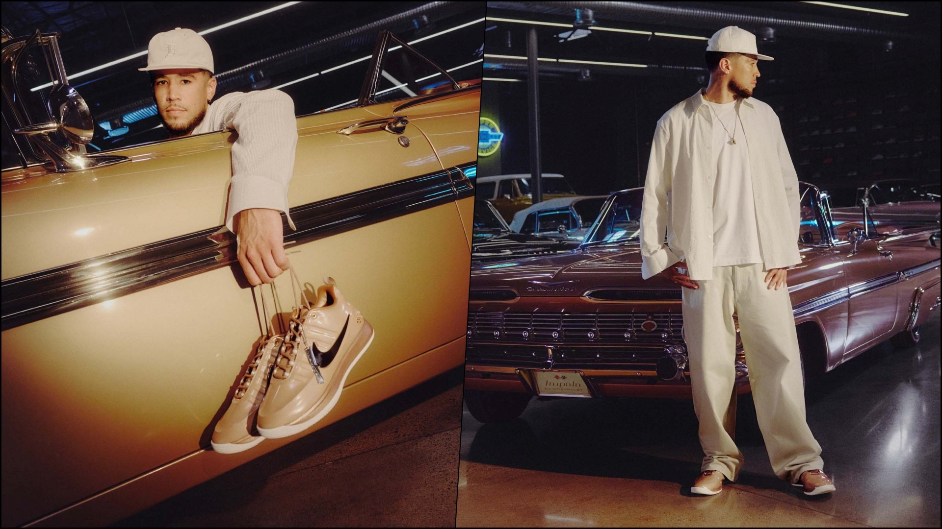 Nike Book 2: A collage featuring Devin Booker, with him sitting inside his classic Chevy Impala and the sneakers in his hand, and him standing next to his car while wearing the sneakers
