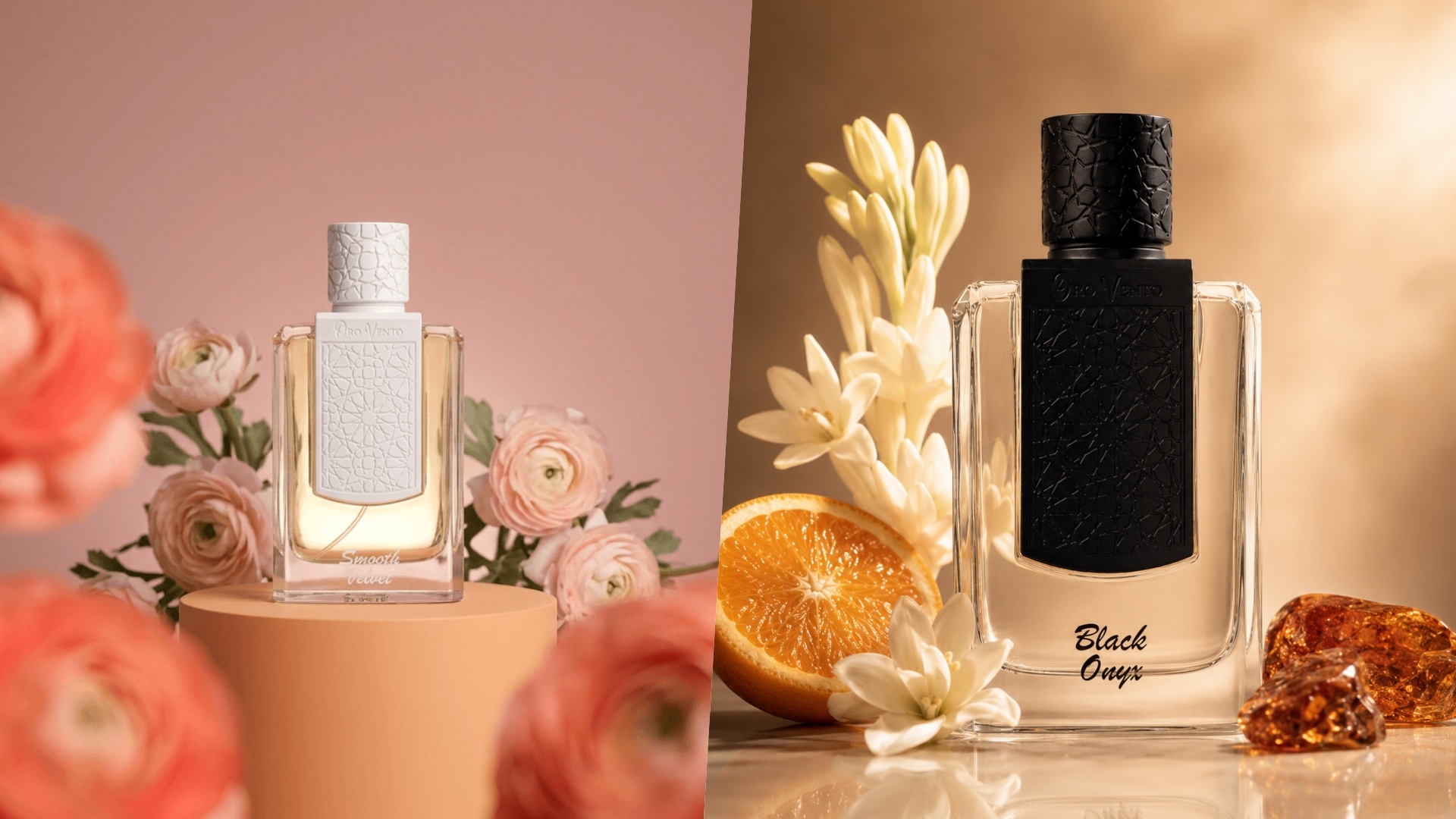 Oro Vento Parfum: A collage of two images showcasing two fragrances - Smooth Velvet and Black Onyx