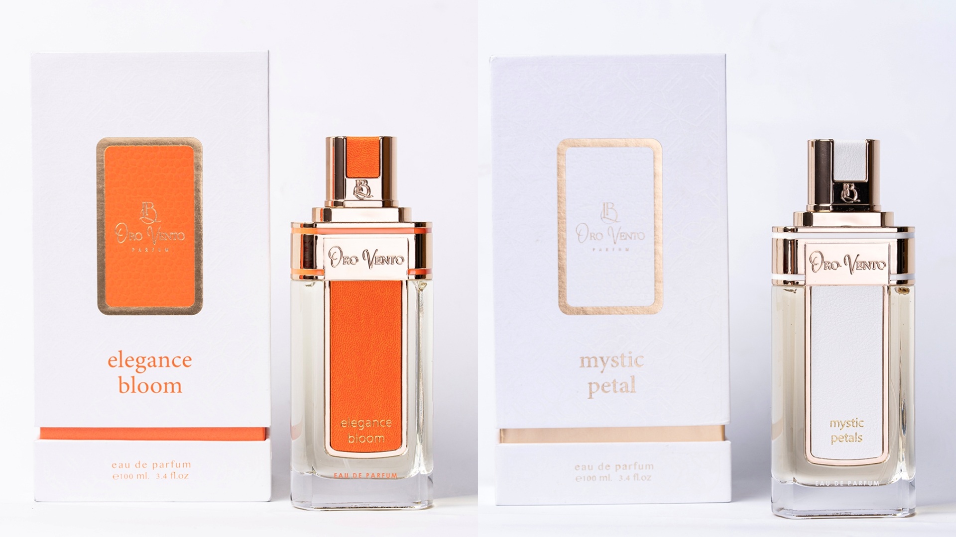 Oro Vento Parfum: A collage of two images showcasing two fragrances with their boxes - elegance bloom and mystic petals