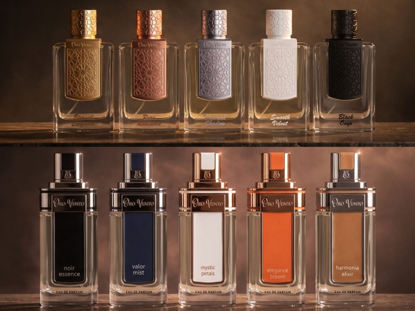 Oro Vento Parfum: A collage of two images showcasing the entire range of 10 fragrances.