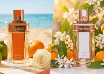 Oro Vento Parfum: A collage of two images, showcasing two fragrances: elegance bloom and mystic petals