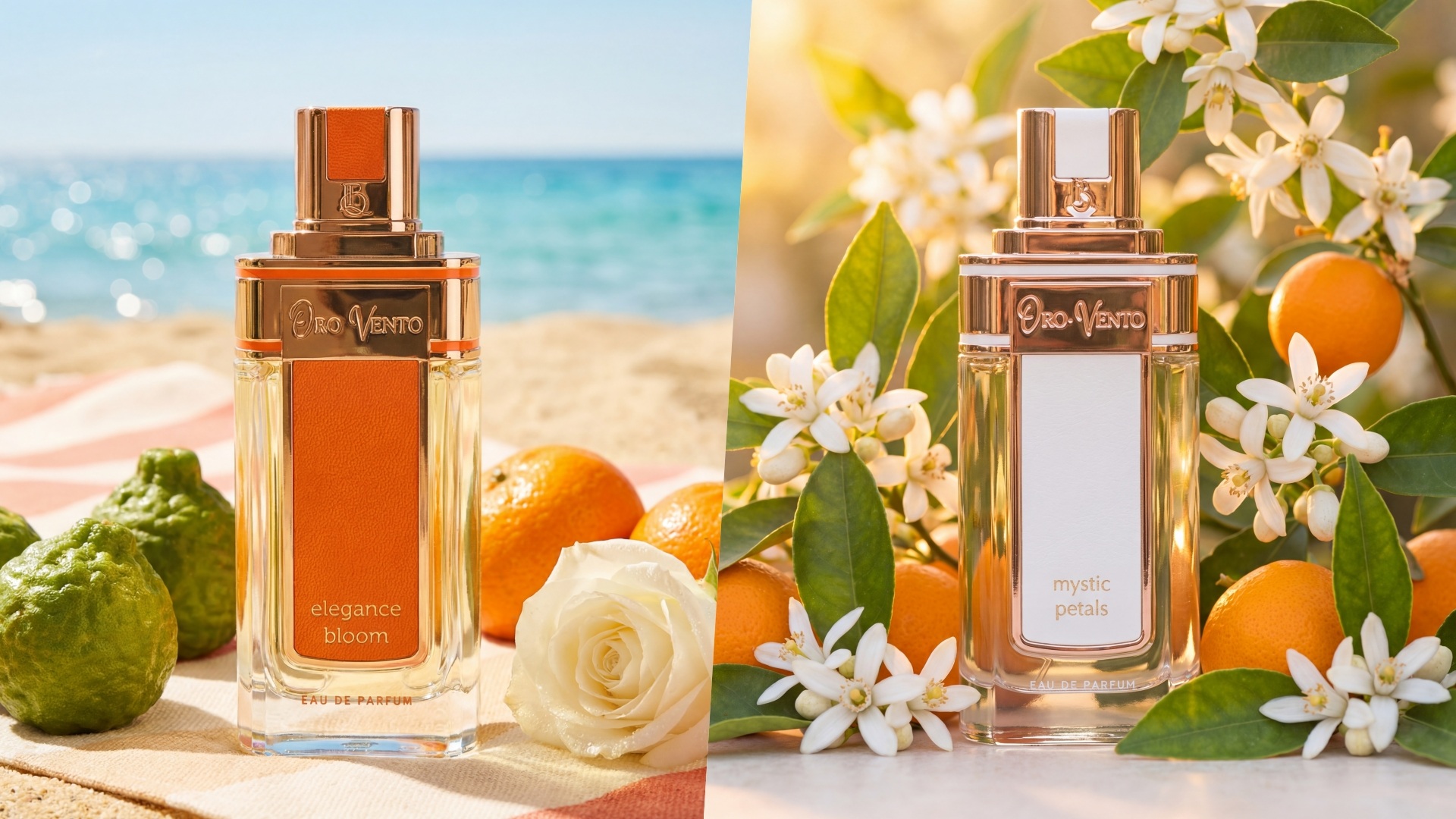 Oro Vento Parfum: A collage of two images, showcasing two fragrances: elegance bloom and mystic petals