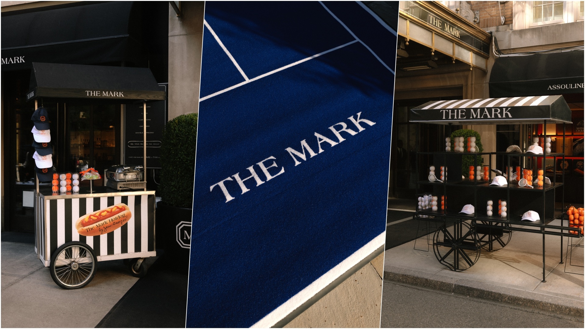 The Mark Grand Slam: a collage of three images, focused on the hot dog carts and the hotel's lettering on the ground at the front entrance.
