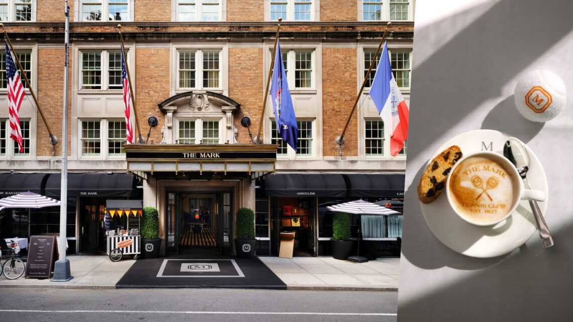 The Mark Grand Slam: a collage of two images with the hotel's entrance in the larger section and a tennis-themed coffee in the smaller section
